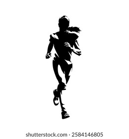 Running young girl clipart, high contrast silhouette illustration, front view. Run, isolated vector drawing