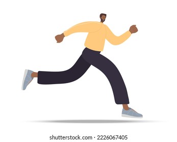 Running young man. African American man wearing casual running. Person runs away from someone or goes in for sports. Colored flat cartoon vector illustration isolated on white background.
