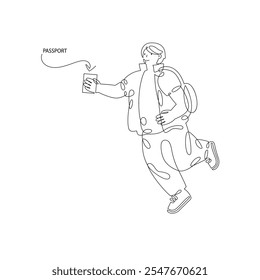 Corriendo joven con mochila y pasaporte aislado en el fondo blanco