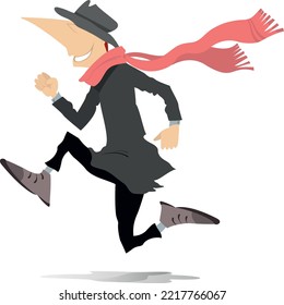 Running young man.
Funny running man in the hat and big scarf. Illustration on white background
