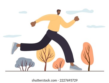 Running young man in natural landscape with trees. Man wearing casual clothes. Person runs away from someone or goes in for sports. Colored flat vector illustration isolated on white background.