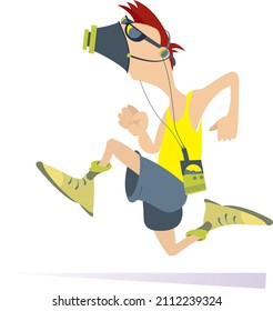 Running young man in protective mask illustration. 
Cartoon young man in protective mask runs and listens music on player using headphones isolated on white 
