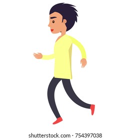 Running young man in yellow shirt and black trousers isolated on white. Vector illustration of jogging male person or just moving fast.