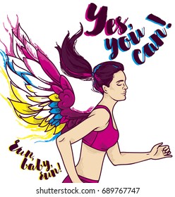 running young and slim european woman with colorful wings, motivation poster, vector illustration