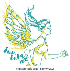 running young and slim woman with fantasy wings, motivation poster, blue and yellow colors in sketch, vector illustration