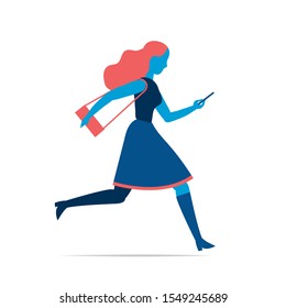 Running young woman with cell phone isolated on white background. Vector illustration 