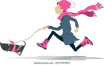 Running young woman with a dog. Cold weather. Running girl in the worm cloth with a dog. Isolated on white background	