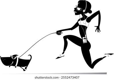 Running young woman with a dog. 
Running girl with a dog listening music on player using headphones. Black and white illustration
