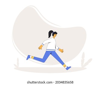 Running young woman. Female runner. Participation in sports races, athletic competitions. Marathon, exercise. Jogger. Active healthy lifestyle. Vector illustration.
