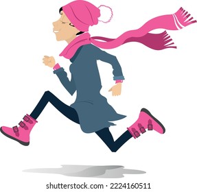 Running young woman. 
Funny running woman in the hat and big scarf. Illustration on white background
