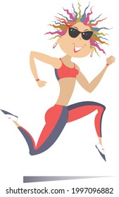Running young woman isolated illustration. 
Cartoon young woman in sunglasses runs and looks healthy and happy isolated on white illustration
