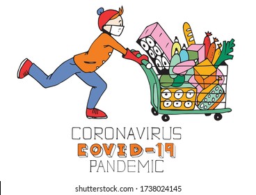 Running young woman with shopping cart. Woman doing shopping wearing protective Medical Masks. 
People Shopping Concept. Hand drawn cartoon colorful vector illustration with text.