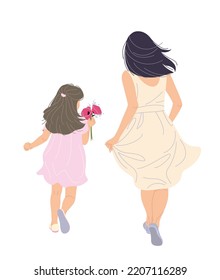 Running young woman and small girl isolated on white background. Mom and daughter in light dresses simple vector illustration. Female figure back view.