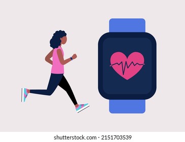 Running young woman with smart watch, health app on screen. Vector illustration in a flat style