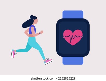 Running young woman with smart watch, health app on screen. Vector illustration in a flat style