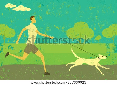 Running with your dog. A man running with his dog over an abstract park background. The man & dog and background are on separate labeled layers.