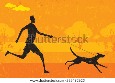Running with your dog
A man running with his dog over an abstract park background. 