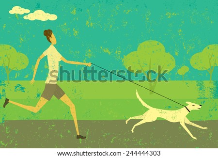 Running with your dog A woman running with her dog over an abstract park background. The woman & dog and background are on separate labeled layers.