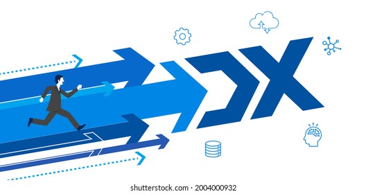 Runnnig business owner,many arrows background,written "DX",vector illustration