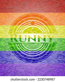 Runny emblem on mosaic background with the colors of the LGBT flag. 