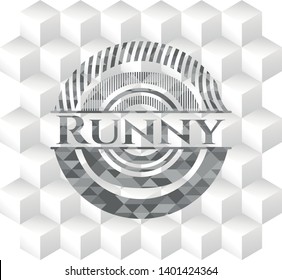 Runny grey emblem with geometric cube white background