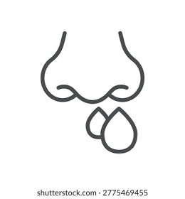 Runny Nose Allergy Symptom Thin Line Icon. Nasal Discharge, Rhinitis, Cold and Flu Medical Outline Vector Illustration