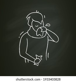 Runny nose chalk icon.Common cold.Flu infection and influenza symptoms Character blowing his nose in a handkerchief.Health problem. Allergy.Isolated vector illustration on chalkboard
