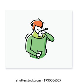 Runny nose color icon.Common cold.Flu infection and influenza symptoms Character blowing his nose in a handkerchief.Health problem. Allergy.Isolated vector illustration