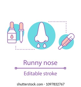 Runny nose concept icon. Cold or flu idea thin line illustration. Allergy. Sickness. Vector isolated outline drawing. Editable stroke