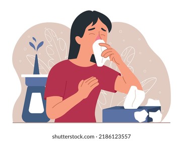 Runny nose concept. Young girl with handkerchief in her hands sneezes, she has cold. disease and treatment methods, recuperation. Temperature and heat metaphor. Cartoon flat vector illustration