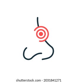 Runny Nose, Congestion Line Icon. Nasal Sick, Inflammation, Pain Concept Linear Pictogram. Human Nasal Problem. Allergy, Rhinitis, Cold Outline Icon. Editable Stroke. Isolated Vector Illustration.