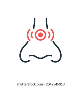 Runny Nose, Congestion Line Icon. Allergy, Rhinitis, Cold Outline Icon. Nasal Sick, Inflammation, Pain Concept Linear Pictogram. Human Nasal Problem. Editable Stroke. Isolated Vector Illustration.