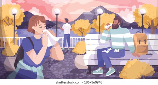 Runny nose flat composition with autumn park outdoor landscape and people blowing their noses with wipes vector illustration