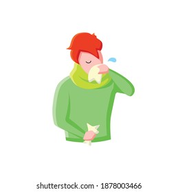 Runny nose flat icon. Common cold. Flu infection. Covid19 symptoms concept. Character blowing his nose in a handkerchief. Allergy. Color vector illustration