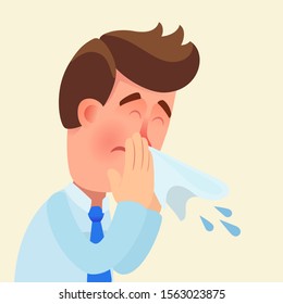 Runny nose, flu symptoms. Sick man blowing nose in a paper hanky. Person sneezing in office. Vector illustration flat design cartoon style. Isolated background, close up portrait.