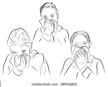 Runny nose at the girl, allergies, colds,girl holding a handkerchief. Color vector illustration.