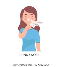 Runny Nose, Girl Suffering from Symptom of Viral Infection, Influenza or Respiratory Illness, Healthcare and Medicine Information about Flu and Virus Prevention Vector Illustration