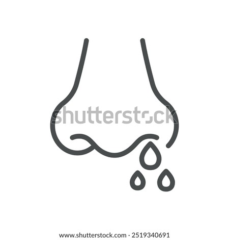 Runny Nose Icon. Thin Line Illustration of Nose with Droplets Representing Nasal Discharge. Medical Vector Sign for Cold, Allergy, and Sinus Issues.
