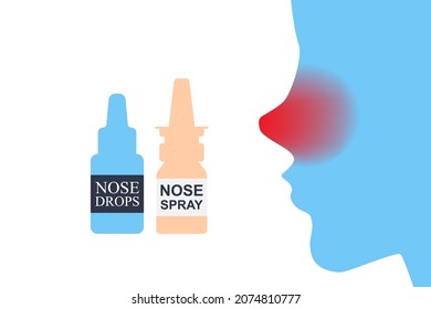 Runny Nose Illustration. Common Cold Icon, Rhinitis Symbol, Red Sick Nose And Medicines Isolated On White Background