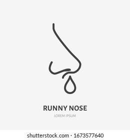 Runny Nose Line Icon, Vector Pictogram Of Flu Or Coronavirus Symptom. Nosebleed, Nasal Mucus Illustration, Sign For Medical Poster.