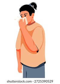 Hombre con secreción nasal que sufre frío, congestión.  Un joven se suena la nariz en un pañuelo.  Molestias, estornudos, alergia. Gente enferma. Vector