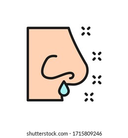 Runny Nose, Rhinitis, Allergy, Nasal Mucus Flat Color Line Icon.