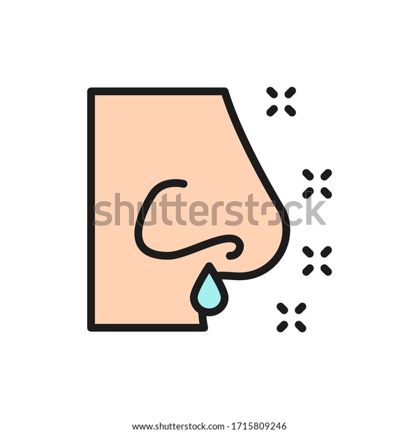Runny nose, rhinitis, allergy, nasal mucus flat\
color line icon.