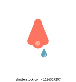 Runny nose as symptom of cold and flu or allergy in flat vector illustration. Rhinitis disease simple symbol isolated on white background - inflammation of nasal mucosa.