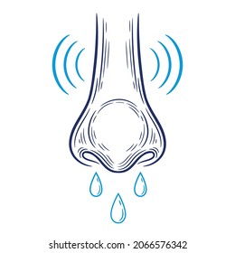 Runny Wet Rhinitis Nose, Allergy Line Icon. Cold And Flu, Antritis, Coronavirus Respiratory Viral Infection Disease Symptom. Drops Snot. Treatment Allergic Reaction, Difficulty Nasal Breathing. Vector