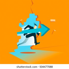 runs an arrow breaks the wall. Vector illustration
