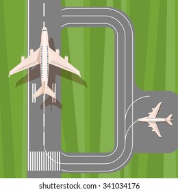 Runway with jet aircraft top view. Takeoff and landing airplanes set. Airport with planes landing and taking off. Airport elements. 