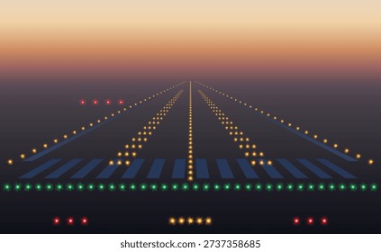 Runway lights during landing at night. Runway from the cockpit at night. Night landscape from the airplane cockpit.