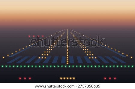 Runway lights during landing at night. Runway from the cockpit at night. Night landscape from the airplane cockpit.