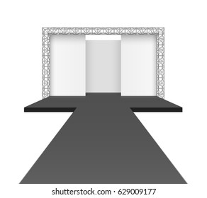 Runway podium stage, empty catwalk with black stage and background on truss system, vector illustration 